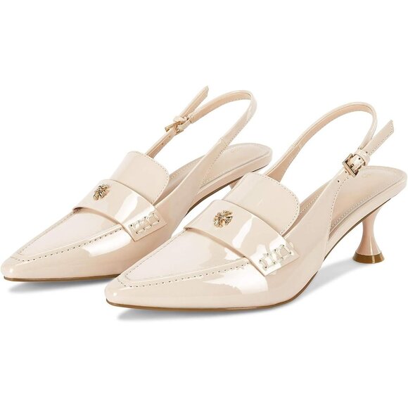 💫 Women Cream Slingback Kitten Heel Pointed Toe Pumps Ankle Buckle Dress Shoes - Picture 4 of 8